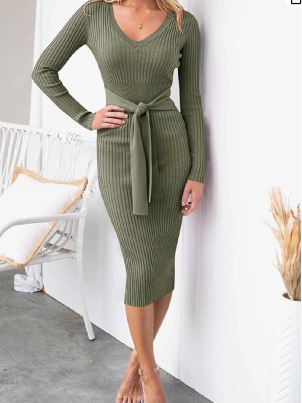 ZESICA Army Green  Ribbed Knit Sweater Dress Small V-Neck Tie Waist Bodycon Midi